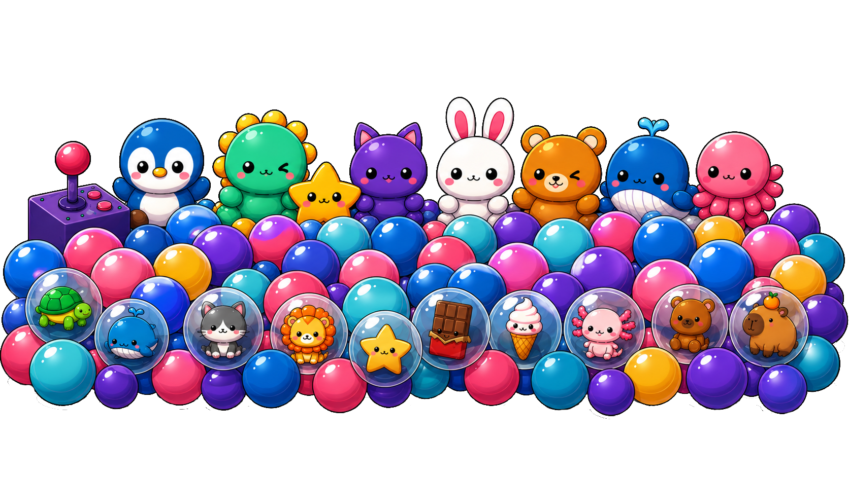 Colorful plush prize characters and toy capsules